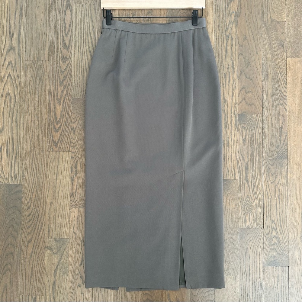 Vintage Designer High Waist Midi Wool Pencil Skirt in Dusty Grey Olive 8 / M - Picture 7 of 9
